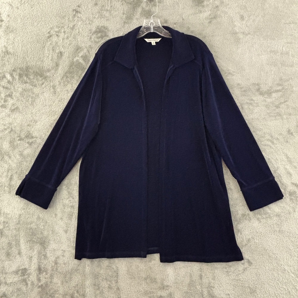 TravelSmith Slinky Open Cardigan Jacket Womens 1X Navy Blue Collar Stretch‎ Long